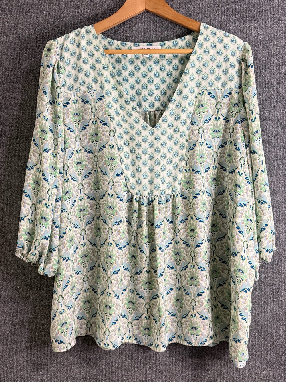 Rose & Olive 2X Green Damask Paisley Print Boho Peasant Blouse 3/4 Sleeve